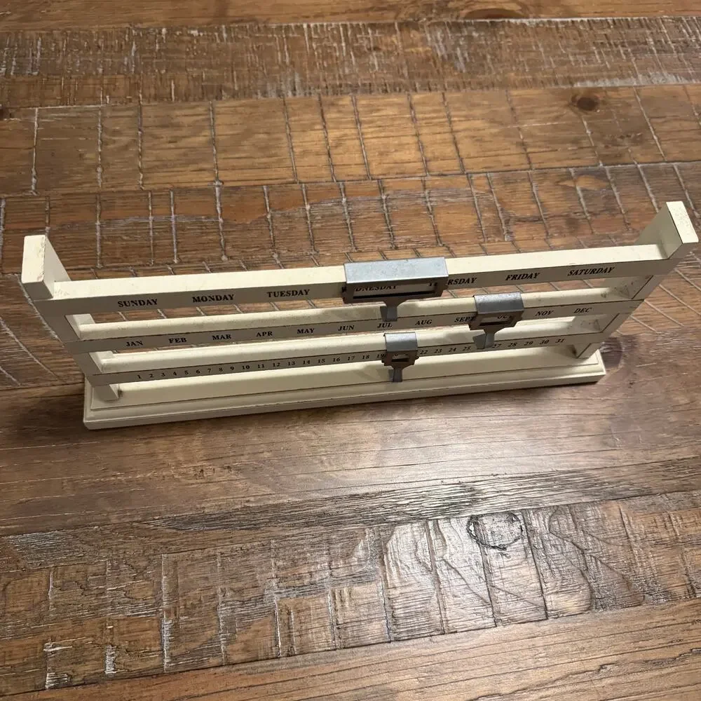 Rustic Wood Perpetual Calendar Farmhouse Sliding Metal Marker Desk Tabletop